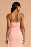 Blush Chiffon Sheath Strapless Long Bridesmaid Dress with Ruffles