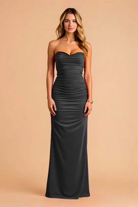 Black Sheath Strapless Ruched Long Bridesmaid Dress