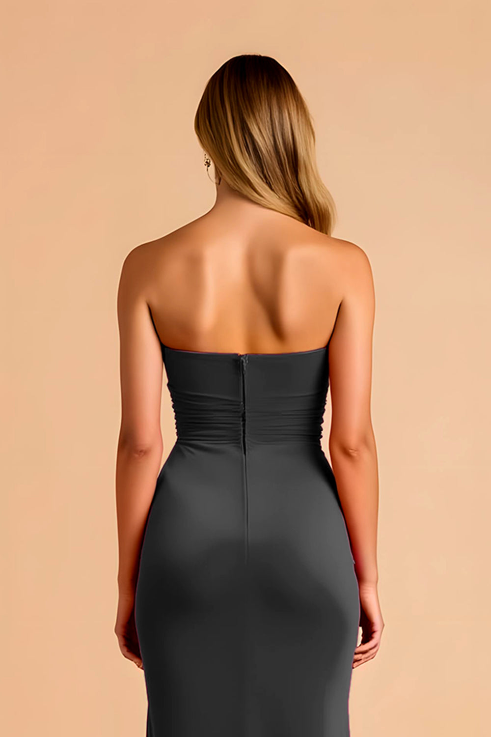 Black Sheath Strapless Ruched Long Bridesmaid Dress