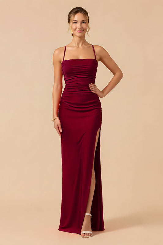 Cabernet Sheath Spaghetti Straps Long Bridesmaid Dress with Slit