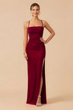 Cabernet Sheath Spaghetti Straps Long Bridesmaid Dress with Slit