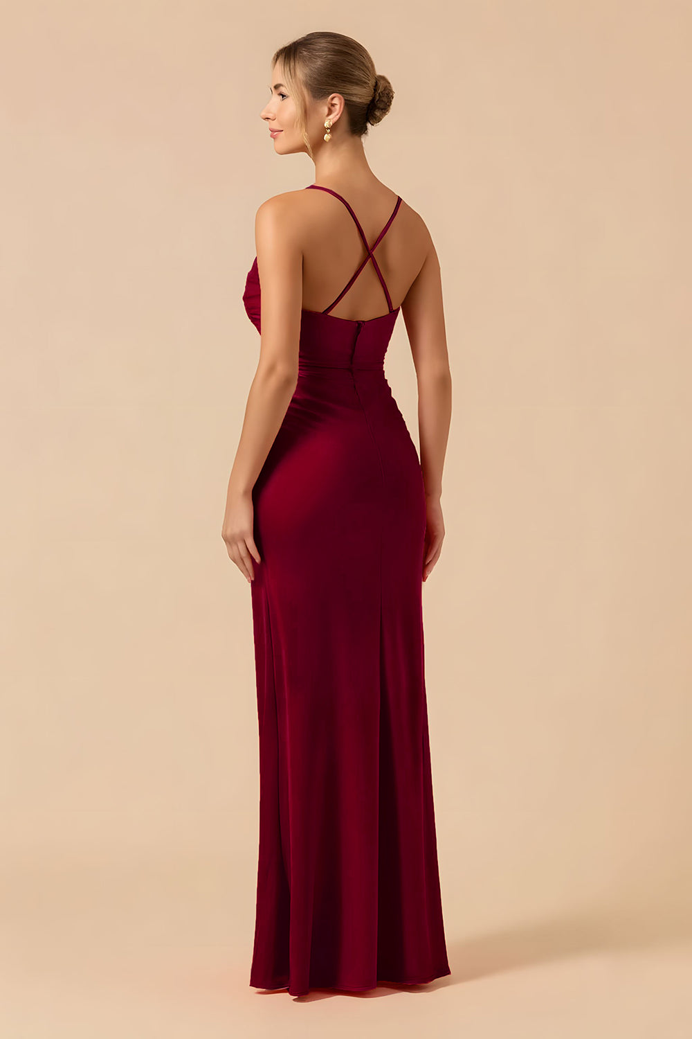 Cabernet Sheath Spaghetti Straps Long Bridesmaid Dress with Slit