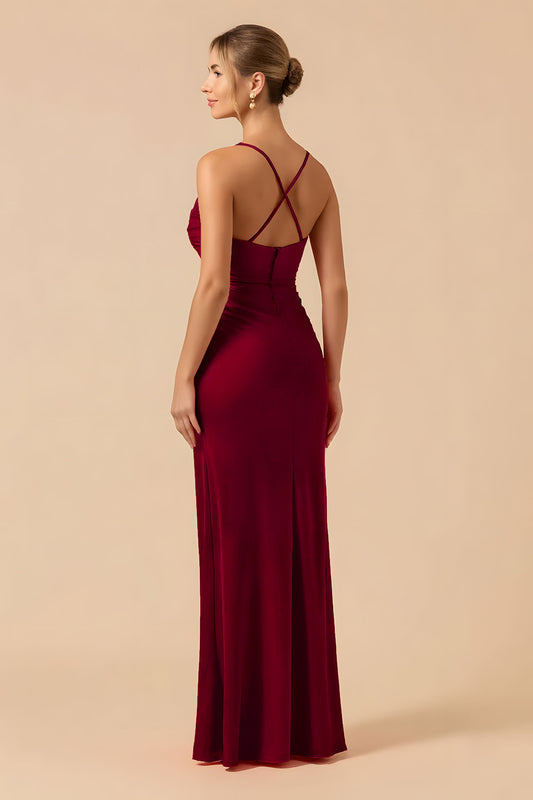 Cabernet Sheath Spaghetti Straps Long Bridesmaid Dress with Slit