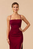 Cabernet Sheath Spaghetti Straps Long Bridesmaid Dress with Slit