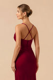 Cabernet Sheath Spaghetti Straps Long Bridesmaid Dress with Slit