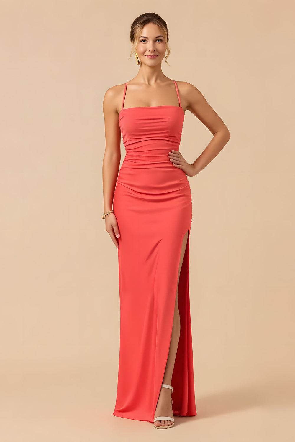 Cabernet Sheath Spaghetti Straps Long Bridesmaid Dress with Slit