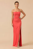 Cabernet Sheath Spaghetti Straps Long Bridesmaid Dress with Slit