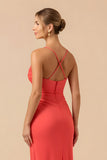 Cabernet Sheath Spaghetti Straps Long Bridesmaid Dress with Slit
