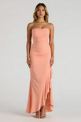 Sunset Sheath Chiffon Strapless Long Bridesmaid Dress with Ruffles