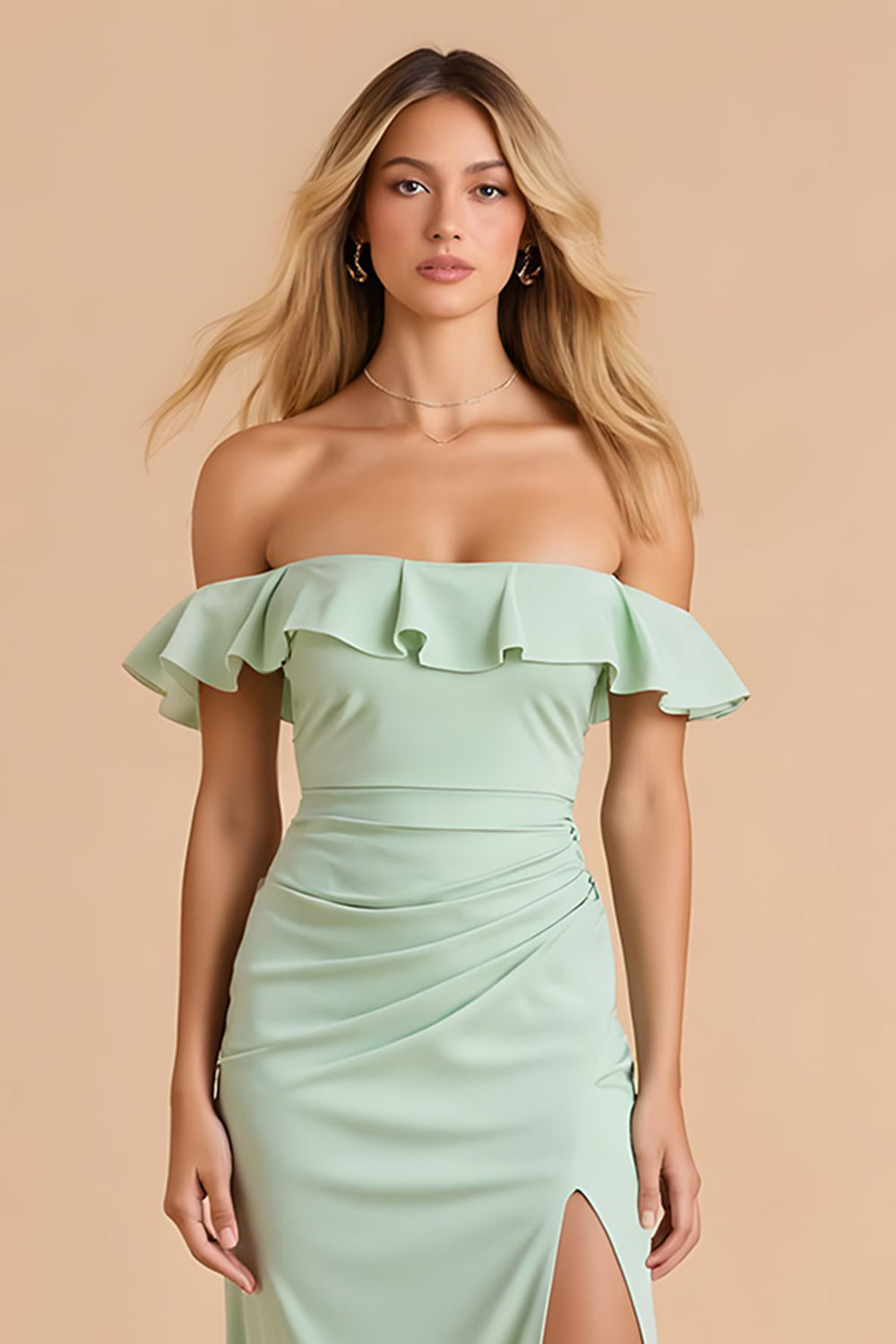 Light Green Sheath Chiffon Off The Shoulder Long Bridesmaid Dress with Slit
