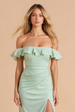 Light Green Sheath Chiffon Off The Shoulder Long Bridesmaid Dress with Slit