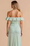 Light Green Sheath Chiffon Off The Shoulder Long Bridesmaid Dress with Slit