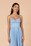 Light Blue Chiffon A Line Spaghetti Straps Long Bridesmaid Dress