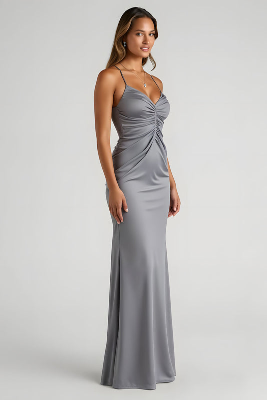 Steel Grey Satin Sheath Spaghetti Straps Ruched Long Bridesmaid Dress