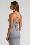Steel Grey Satin Sheath Spaghetti Straps Ruched Long Bridesmaid Dress