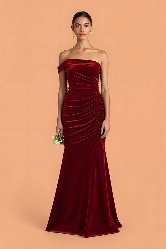 Burgundy Velvet Mermaid One Shoulder Ruched Long Bridesmaid Dress