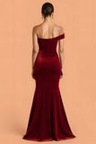 Burgundy Velvet Mermaid One Shoulder Ruched Long Bridesmaid Dress