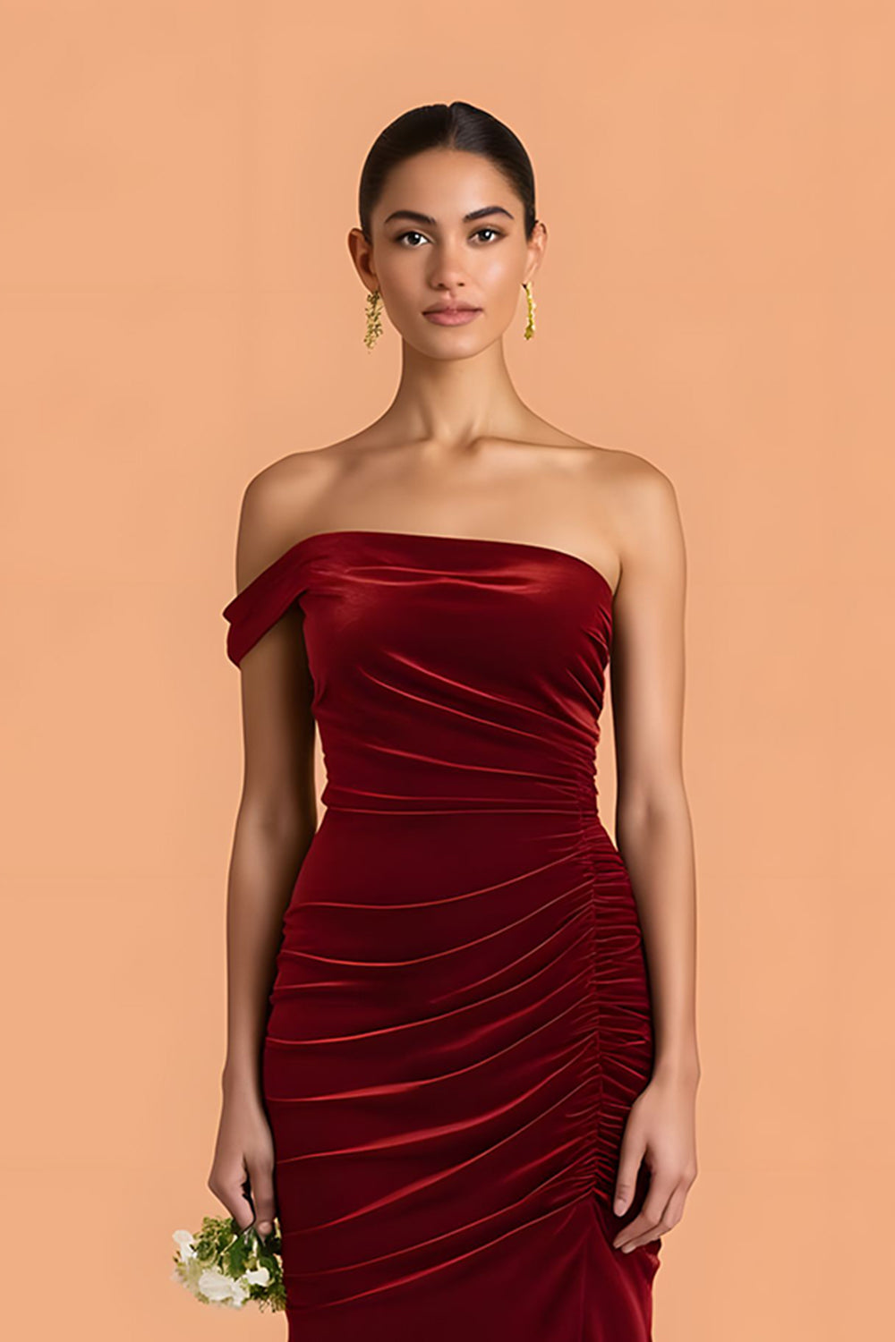 Burgundy Velvet Mermaid One Shoulder Ruched Long Bridesmaid Dress