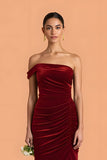 Burgundy Velvet Mermaid One Shoulder Ruched Long Bridesmaid Dress