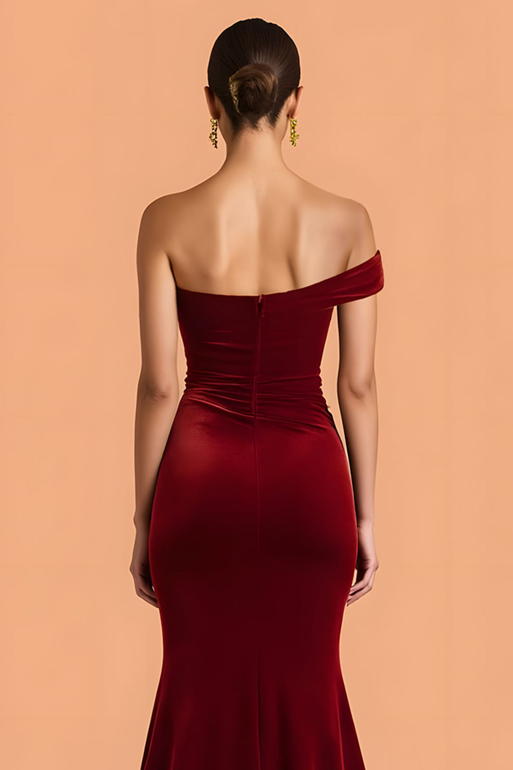 Burgundy Velvet Mermaid One Shoulder Ruched Long Bridesmaid Dress