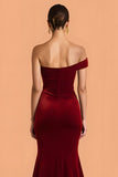 Burgundy Velvet Mermaid One Shoulder Ruched Long Bridesmaid Dress