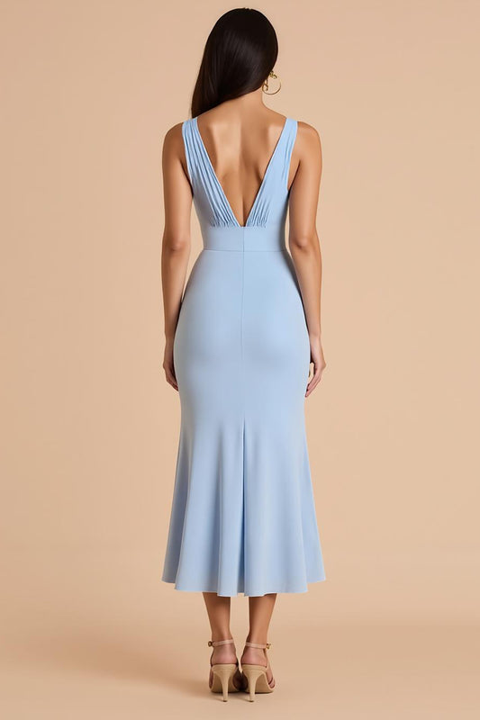Light Blue Mermaid V-Neck Long Bridesmaid Dress with Bow