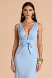 Light Blue Mermaid V-Neck Long Bridesmaid Dress with Bow