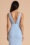 Light Blue Mermaid V-Neck Long Bridesmaid Dress with Bow