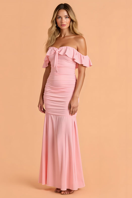 Blush Chiffon Mermaid Off The Shoulder Ruched Long Bridesmaid Dress