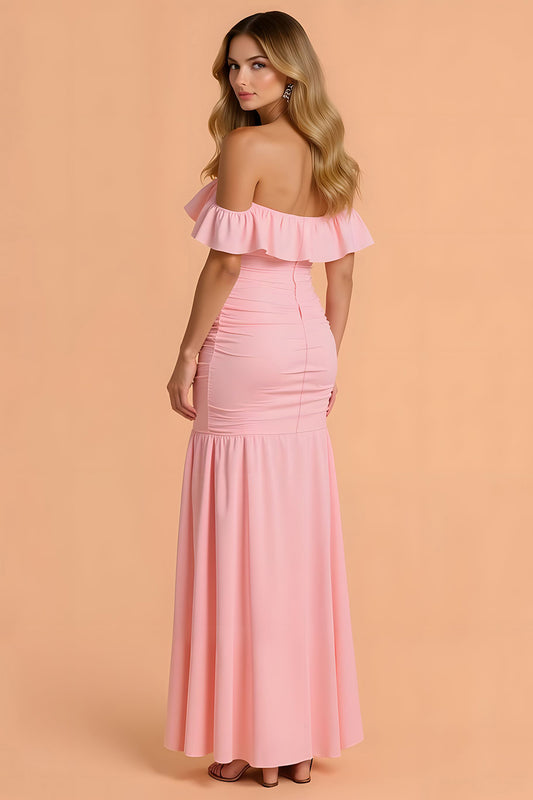 Blush Chiffon Mermaid Off The Shoulder Ruched Long Bridesmaid Dress