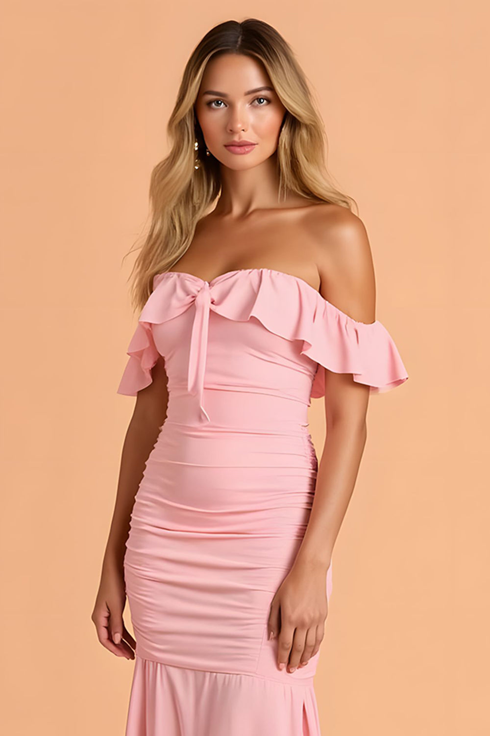 Blush Chiffon Mermaid Off The Shoulder Ruched Long Bridesmaid Dress