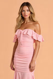 Blush Chiffon Mermaid Off The Shoulder Ruched Long Bridesmaid Dress