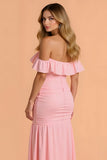 Blush Chiffon Mermaid Off The Shoulder Ruched Long Bridesmaid Dress