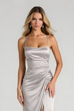 Silver Satin Sheath Spaghetti Straps Ruched Long Bridesmaid Dress with Slit