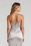 Silver Satin Sheath Spaghetti Straps Ruched Long Bridesmaid Dress with Slit