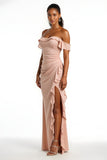 Candy Pink Chiffon Sheath Off The Shoulder Long Bridesmaid Dress with Ruffles
