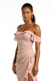 Candy Pink Chiffon Sheath Off The Shoulder Long Bridesmaid Dress with Ruffles