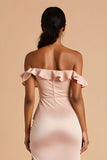 Candy Pink Chiffon Sheath Off The Shoulder Long Bridesmaid Dress with Ruffles