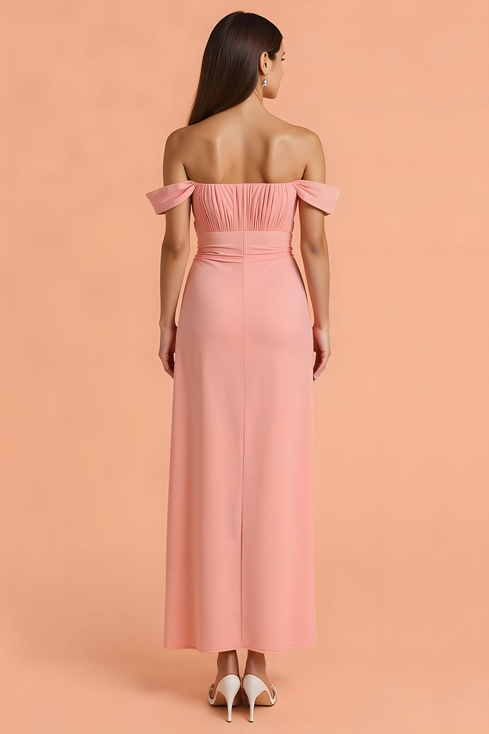 Blush Chiffon Sheath Off The Shoulder Long Bridesmaid Dress with Slit
