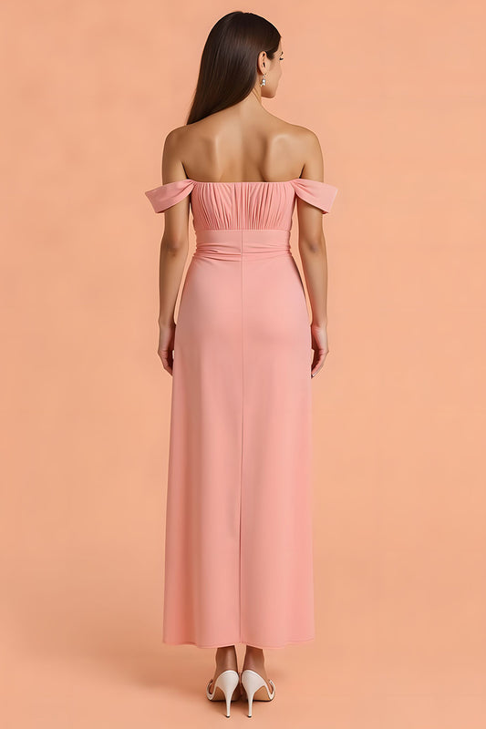 Blush Chiffon Sheath Off The Shoulder Long Bridesmaid Dress with Slit
