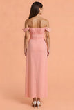 Blush Chiffon Sheath Off The Shoulder Long Bridesmaid Dress with Slit