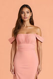 Blush Chiffon Sheath Off The Shoulder Long Bridesmaid Dress with Slit