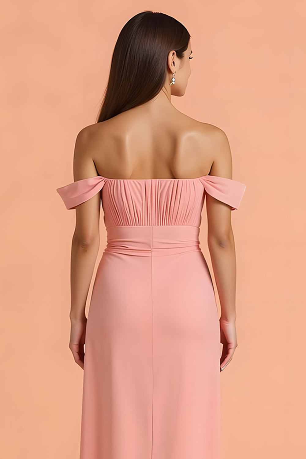 Blush Chiffon Sheath Off The Shoulder Long Bridesmaid Dress with Slit