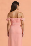 Blush Chiffon Sheath Off The Shoulder Long Bridesmaid Dress with Slit