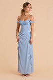 Light Blue Chiffon Sheath Cold Shoulder Long Bridesmaid Dress with Ruffles