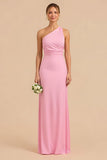 Candy Pink Chiffon Sheath One Shoulder Long Bridesmaid Dress