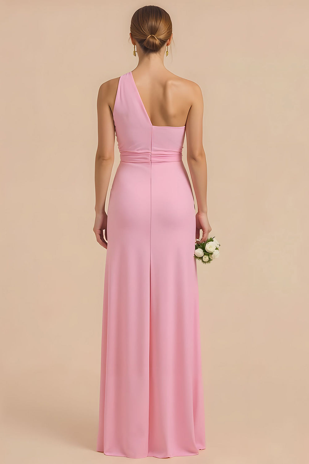 Candy Pink Chiffon Sheath One Shoulder Long Bridesmaid Dress