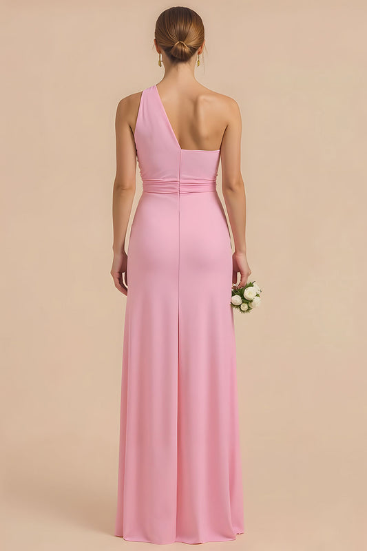 Candy Pink Chiffon Sheath One Shoulder Long Bridesmaid Dress