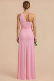 Candy Pink Chiffon Sheath One Shoulder Long Bridesmaid Dress