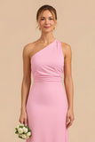 Candy Pink Chiffon Sheath One Shoulder Long Bridesmaid Dress